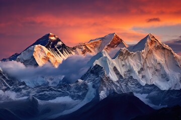 Matterhorn mountain peak at sunset in Himalayas, Nepal, Twilight sky over Mount Everest, Nuptse, Lhotse and Makalu, in the Nepal Himalaya, AI Generated