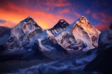 Mountain landscape at sunset. Himalayas, Nepal, Asia, Twilight sky over Mount Everest, Nuptse, Lhotse and Makalu, in the Nepal Himalaya, AI Generated - obrazy, fototapety, plakaty
