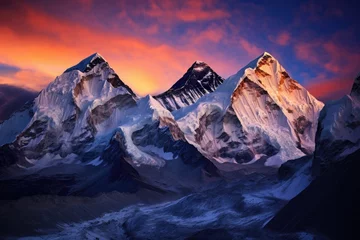 Papier Peint photo Makalu Mountain landscape at sunset. Himalayas, Nepal, Asia, Twilight sky over Mount Everest, Nuptse, Lhotse and Makalu, in the Nepal Himalaya, AI Generated