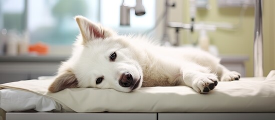 At the white animal hospital, a cute white dog sleeps peacefully as it receives medical care and...