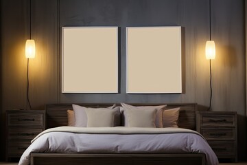 Two blank vertical posters on the wall in the bedroom. 3d rendering, two empty picture frames in the bedroom, AI Generated