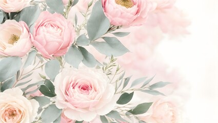 Watercolor Painting Banner, Background. Breathtaking Bouquet Of Delicate Pink Flowers.	