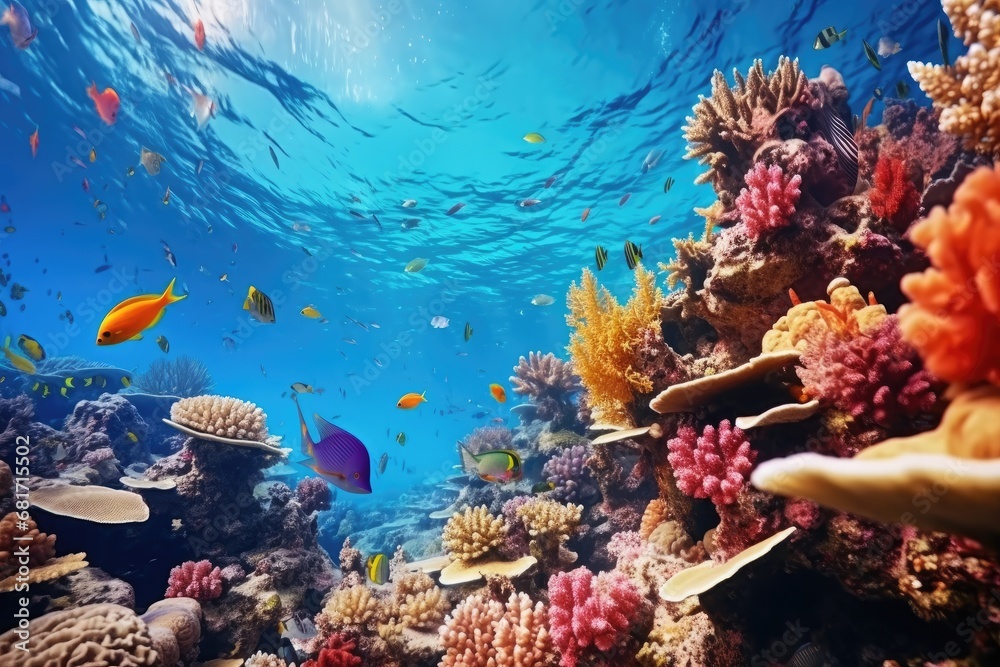 Poster colorful coral reef and fish in the red sea. egypt, underwater life of the red sea. colorful and bea