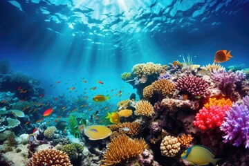Fototapeta na wymiar Coral and fish in the Red Sea. Egypt. Africa, Underwater life of the Red Sea. Colorful and beautiful underwater world, AI Generated
