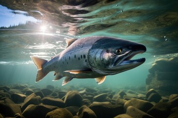 Rainbow trout swimming in the ocean with sun rays shining through the water, Professional underwater shot of a salmon searching for food, AI Generated