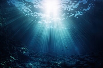 Fototapeta na wymiar Underwater view of coral reef with sunbeams and rays of light, Underwater Sea, Deep Water Abyss With Blue Sun light, AI Generated