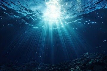 Underwater scene with sunbeams and rocks in blue sea, Underwater Sea, Deep Water Abyss With Blue Sun light, AI Generated