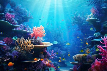 Underwater world with corals and tropical fish. 3d rendering, Underwater life of the Red Sea....