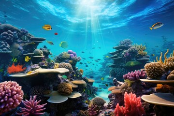 Fototapeta na wymiar Underwater view of coral reef and tropical fish. Underwater world, Underwater life of the Red Sea. Colorful and beautiful underwater world, AI Generated
