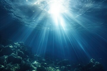 Fototapeta na wymiar Underwater view of the sun rays breaking through the rocks under the sea, Underwater Sea, Deep Water Abyss With Blue Sun light, AI Generated
