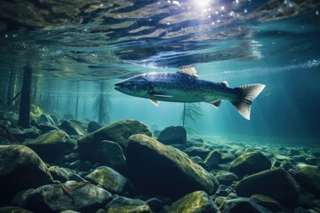 Fototapeta premium Salmon in the aquarium. Underwater world. Underwater world, Professional underwater shot of a salmon searching for food, AI Generated