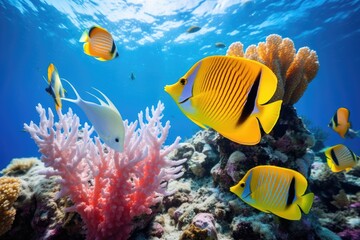 Naklejka na ściany i meble Tropical fish and coral reef in the Red Sea. Egypt, Underwater view of coral reef with fishes and a yellow butterflyfish, AI Generated