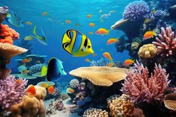 Fototapeta na wymiar Tropical fish and coral reef in the Red Sea. Egypt, Underwater view of coral reef with fishes and a yellow butterflyfish, AI Generated
