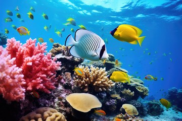 Fototapeta na wymiar Beautiful coral reef with tropical fish in the Red Sea. Egypt, Underwater view of coral reef with fishes and a yellow butterflyfish, AI Generated
