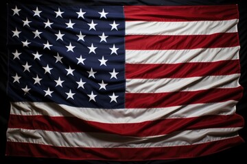 Closeup of Ruffled American Flag, Waving in the Wind, United States Flag On Black Background, AI Generated