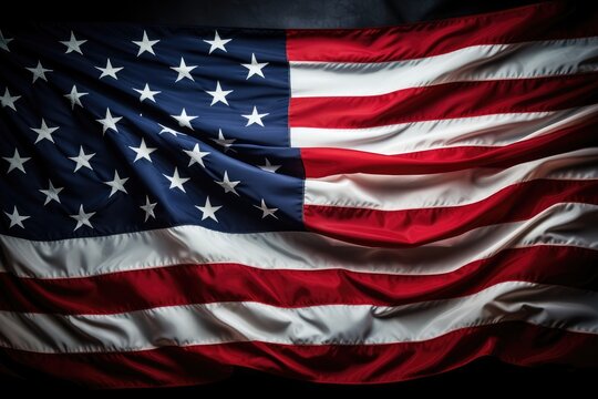Closeup of American flag waving in the wind on dark background, United States Flag On Black Background, AI Generated
