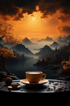 the image includes a mountain, river and coffee cup