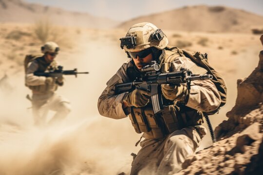 United States Navy Special forces soldiers in action during a mission in the desert, United States Marine Corps Special forces soldiers in action during a desert mission, AI Generated