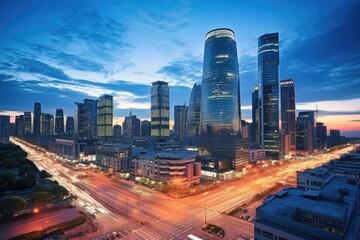 Fototapeta na wymiar Shanghai Lujiazui Finance and Trade Zone of the modern city, Urban Dusk Landscape of CBD Central Business District, Beijing, China, AI Generated