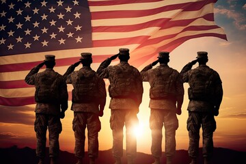 Silhouette of soldiers on the background of the American flag, USA army soldiers saluting on a background of sunset or sunrise and USA flag, AI Generated