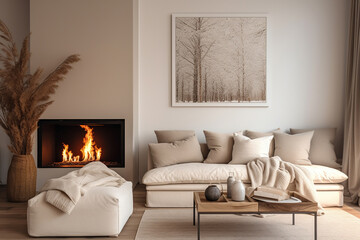 Interior design of modern living room with White sofa with pillows and woolen blanket near fireplace