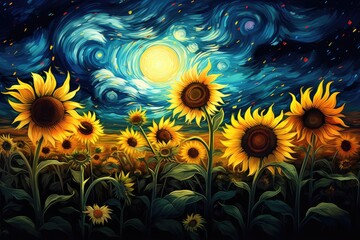 Sunflowers in the field at night. Illustration for your design, Van Goghs painting of sunflowers under a starry, AI Generated