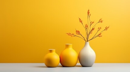 3d rendering, colorful negligible ceramics vases and pot on yellow foundation with duplicate space, 3d illustration, domestic beautification