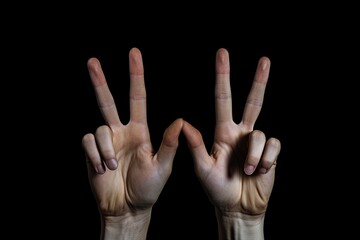 Hands showing victory sign on a black background, close-up, Variation hands with a peace sign, AI Generated