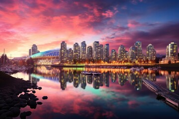 Vancouver, America downtown skyline at sunset from Stanley Park, Vancouver, America, Vancouver in Canada, AI Generated - obrazy, fototapety, plakaty