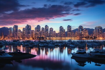 Fototapeta na wymiar Hong Kong city at night, Hong Kong cityscape with harbor and boats, Vancouver in Canada, AI Generated