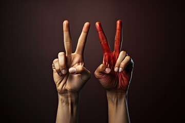 Closeup of human hands gesturing victory sign with fingers on dark background, Variation hands with...