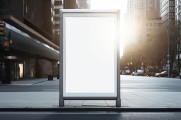 Blank white poster on a bus stop. 3d rendering, Vertical blank white billboard at a bus stop on a city street, AI Generated