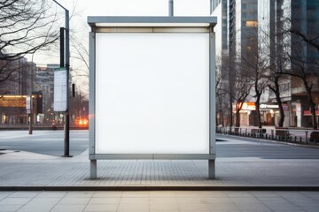 Blank white billboard on the street. Mock up, 3D Rendering, Vertical blank white billboard at a bus stop on a city street, AI Generated