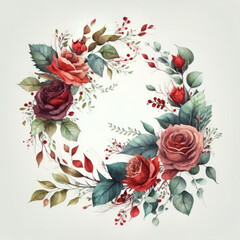 Watercolor wreath made with rose flowers and leaves on white paper background. Generative Ai.