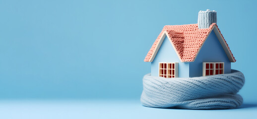 Home in a knitted scarf on a blue background, Concept of the heating system in a winterized house - obrazy, fototapety, plakaty