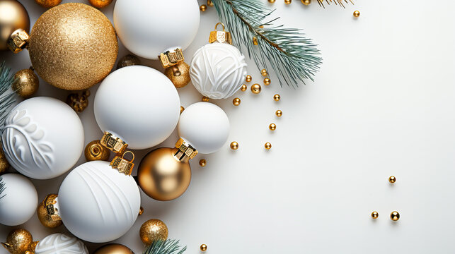 Christmas and New Year holiday background with colorful christmas balls. Christmas decoration on white background. Top view with copy space. Generative AI technology.