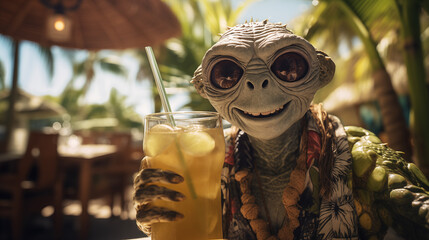 Futuristic photo of a joyful friendly alien in a Hawaiian shirt holding a cocktail glass in a cafe on a tropical beach