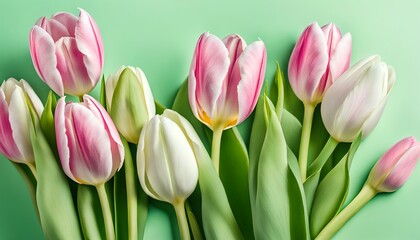 Obraz premium Beautiful composition spring flowers. Bouquet of colorful tulips flowers on pastel colors background. Valentine's Day, Easter, Happy Women's Day, Mother's Day