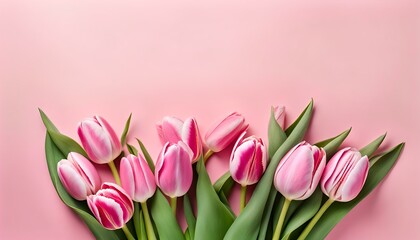 Beautiful composition spring flowers, pink tulips flowers on pastel pink background, tulips bouquet on pink background with copyspace, Beautiful spring flowers. Valentine's Day, Easter, Birthday.
