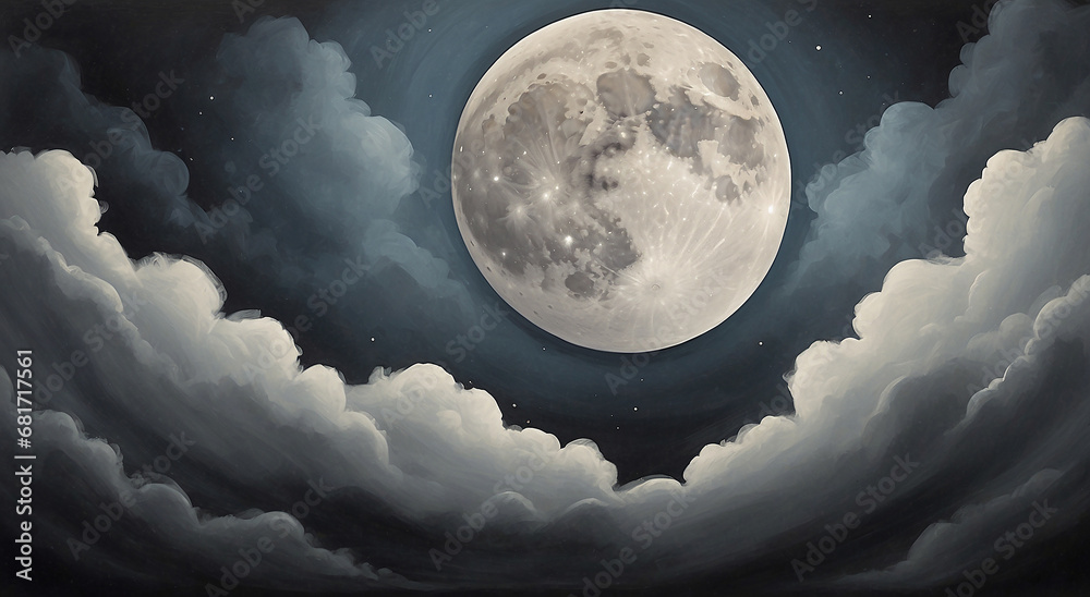 Wall mural An abstract painting showing the moon and clouds, in the style of nostalgic illustration - AI Generative