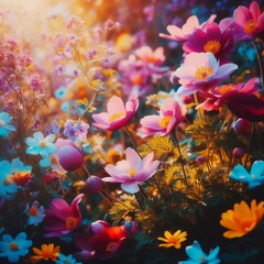 Fototapeta na wymiar Colourful flowers in the wonderland forest