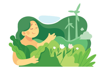 Obraz na płótnie Canvas Ecology with Woman Character with Green Hair and Foliage as Sustainable Lifestyle Vector Illustration