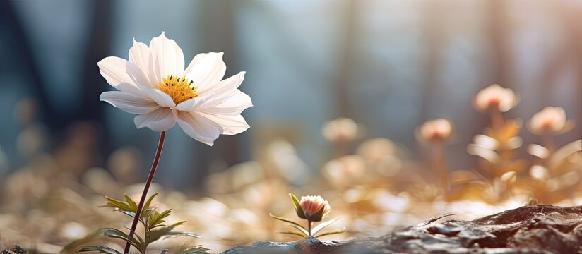 In the vintage garden, the white flower bloomed amidst the vibrant colors of spring, standing out against the sharp, blurred backdrop of the wintery landscape.
