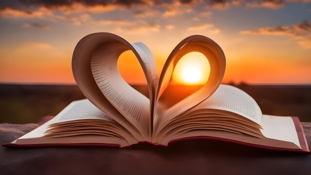 book with heart A book page shaped into a heart with a sunset in the background. The book page has some sentences  