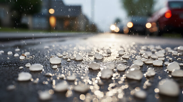 Hailstones bouncing off a paved street during a severe hailstorm.