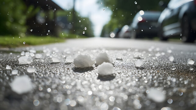 Hailstones bouncing off a paved street during a severe hailstorm.