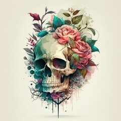 Human Skull surrounded by Flowers. Watercolor style. Generative Ai