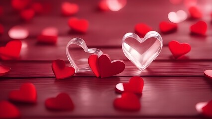 hearts on a red background  two glass hearts on a wooden table