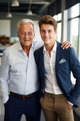 Young intern and his 60yo old manager helping each other in modern office. Business vibe