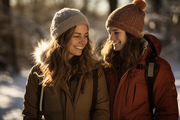 Two young women sharing a joyful moment on a sunny winter day, both dressed in cozy winter attire, as they enjoy each other's company - obrazy, fototapety, plakaty